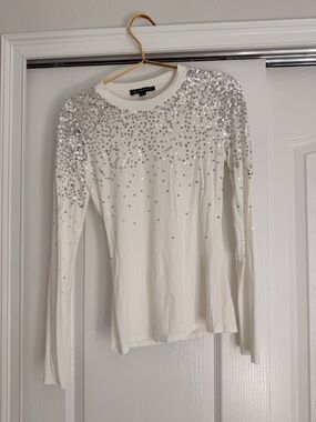INC White Blingy Knit Crew Neck Top